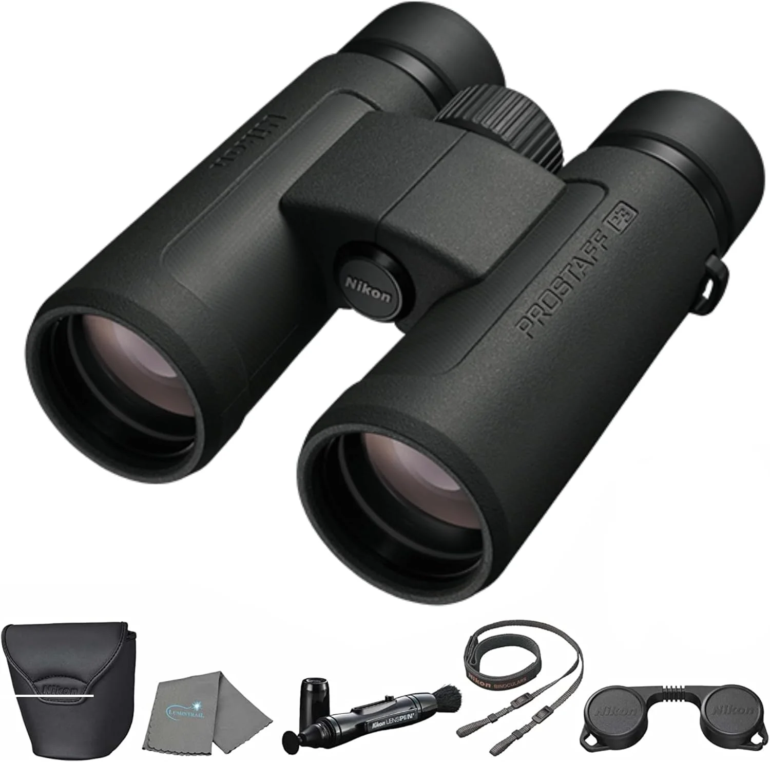 دوربین دوچشمی نیکون Prostaff P3 10x42 (16777) مشکی به همراه قلم تمیز کننده لنز و پارچه - دوربین دوچشمی قدرتمند و جمع و جور برای تماشا پرندگان و پیاده روی، زوم سبک وزن مسافرتی