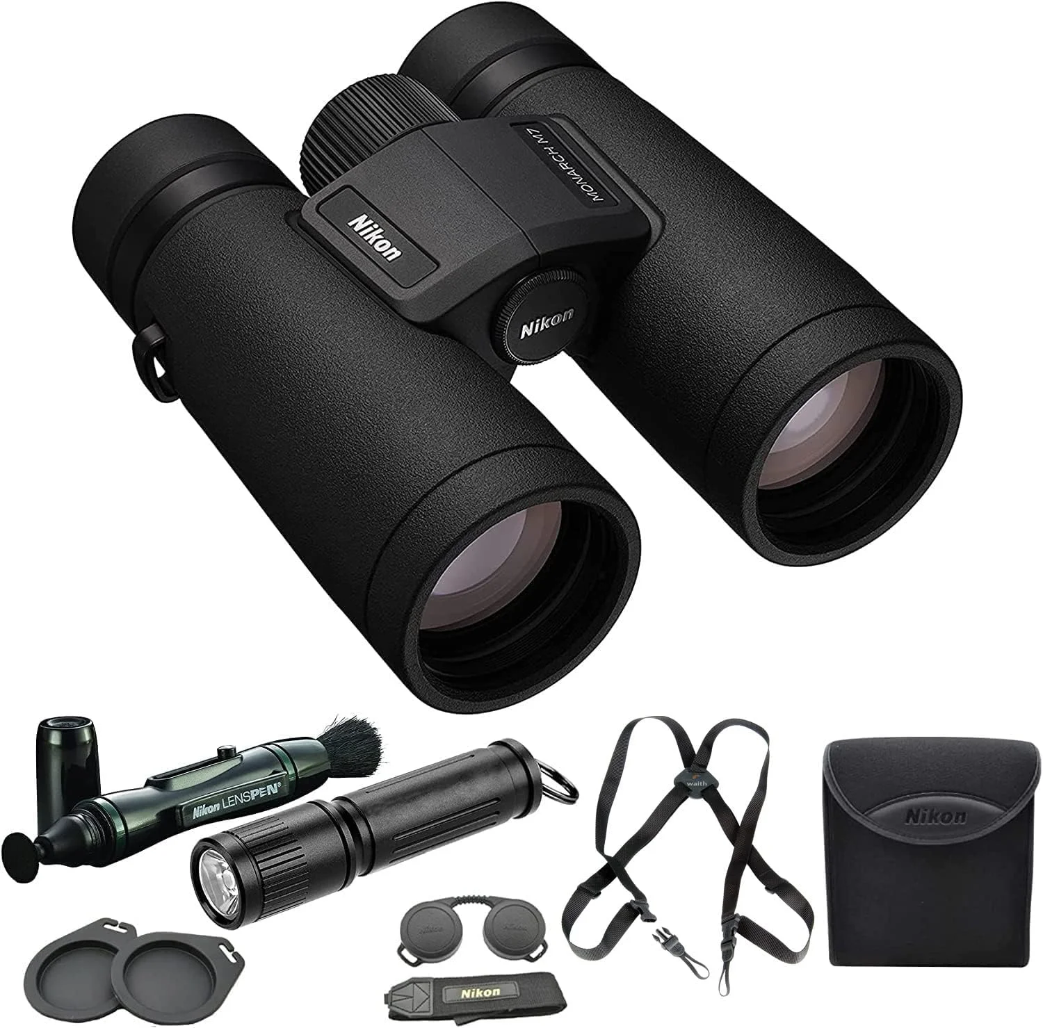 دوربین دوچشمی نیکون Monarch M7 10x42 مدل 16766 به همراه قلم تمیز کننده لنز، بند گردنی و چراغ قوه