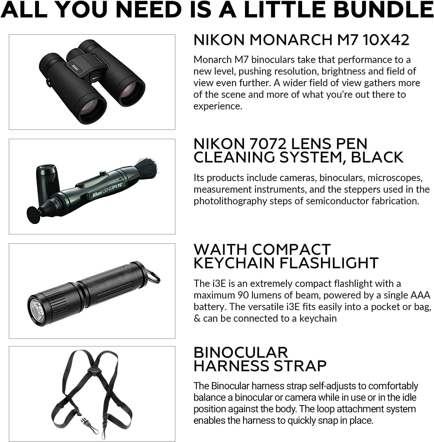 دوربین دوچشمی نیکون Monarch M7 10x42 مدل 16766 به همراه قلم تمیز کننده لنز، بند گردنی و چراغ قوه