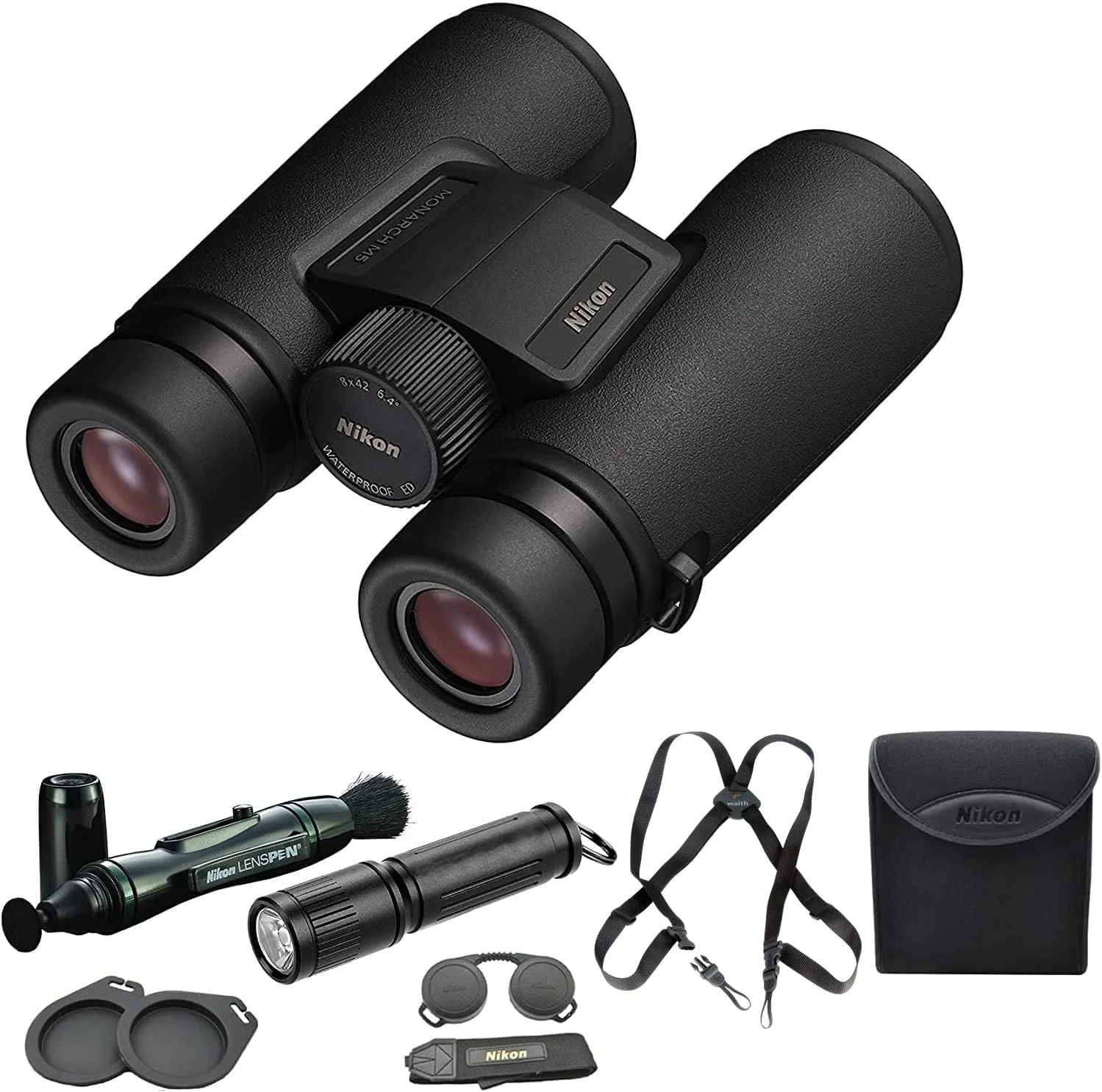 دوربین دوچشمی نیکون Monarch M5 8x42 مدل 16767 به همراه قلم تمیز کننده لنز، بند گردنی و چراغ قوه