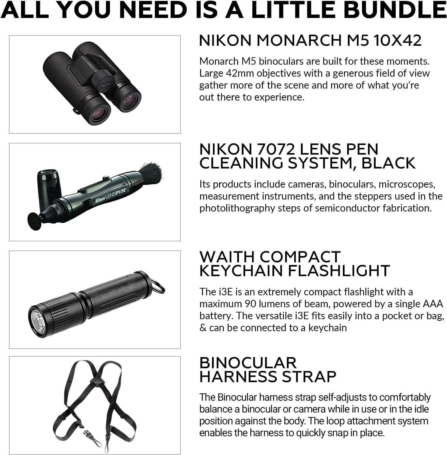 دوربین دوچشمی نیکون مدل Monarch M5 10x42 به همراه قلم تمیز کننده لنز، بند گردنی و چراغ قوه