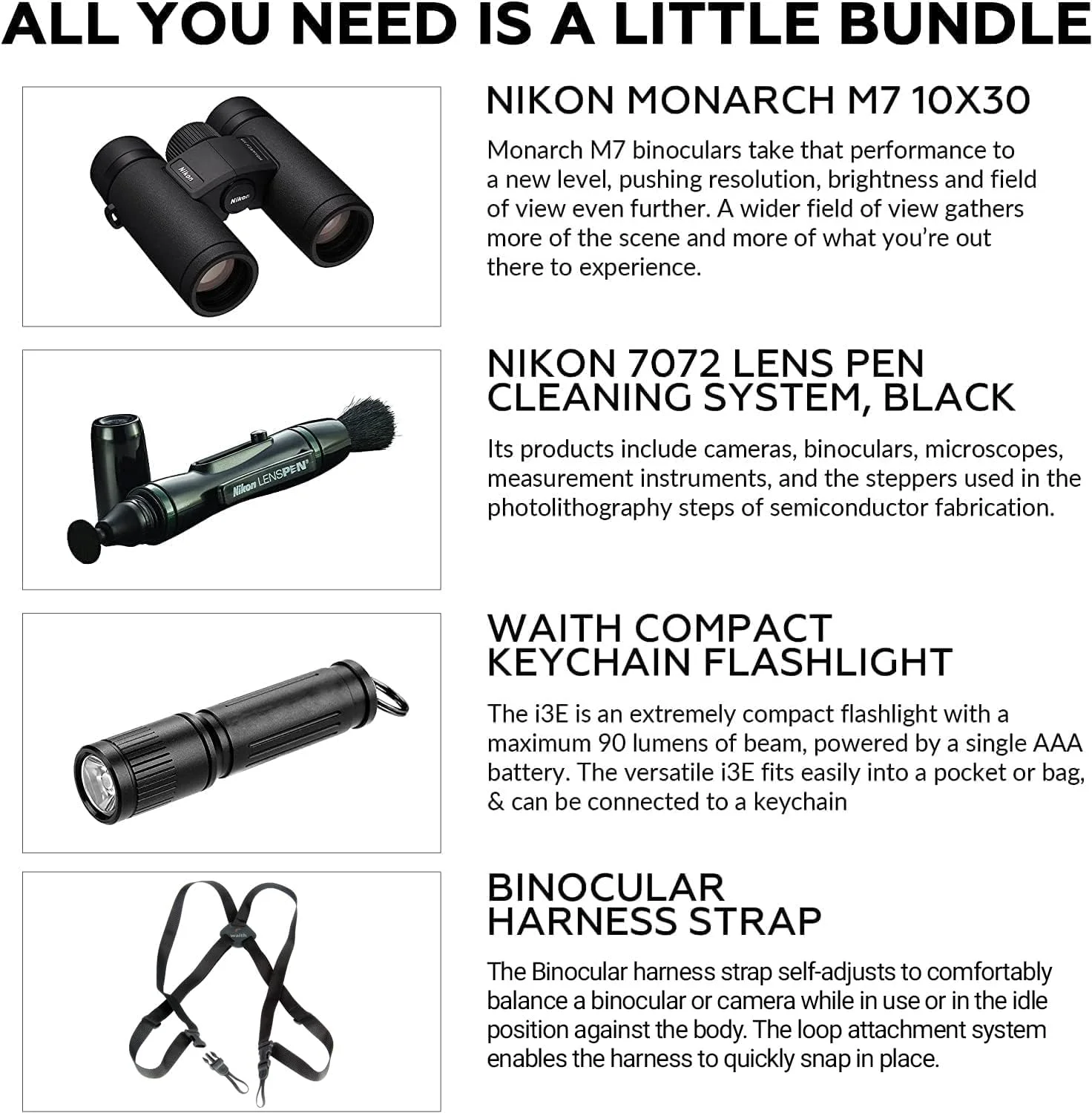 دوربین دوچشمی نیکون Monarch M7 10x30 مدل 16764 به همراه قلم تمیز کننده لنز، بند هارنس و چراغ قوه