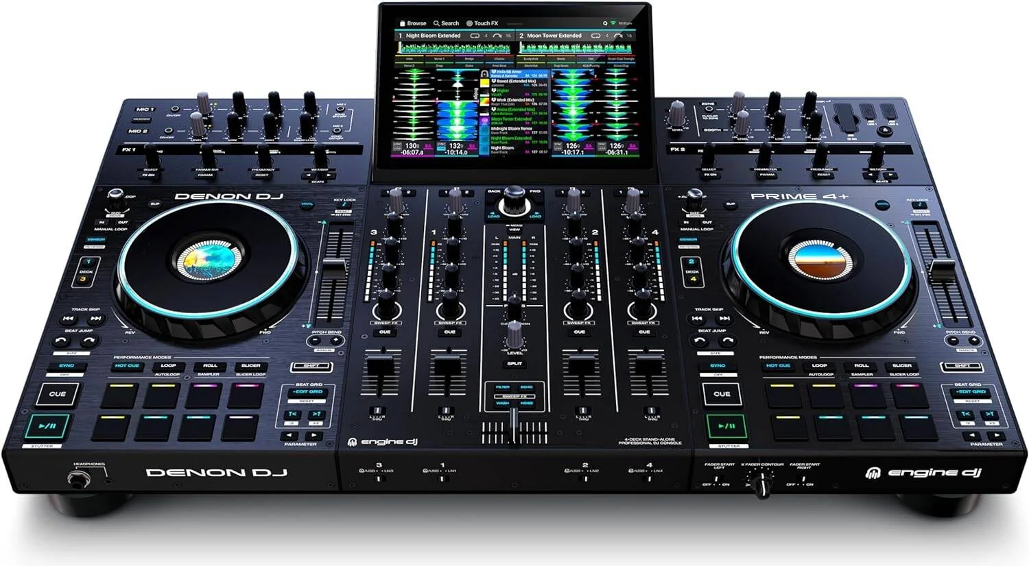 کنترلر دی‌جی مستقل Denon DJ Prime 4+، ۴-دک، نمایشگر لمسی چندگانه ۱۰.۱ اینچی HD، ۱ عدد جاگ ویل ۶ اینچی، ۱۶ عدد پد، ۲۶ افکت اصلی، ۱ عدد کمبو XLR-1/4 اینچی، وای‌فای داخلی، مشکی | Prime-4+