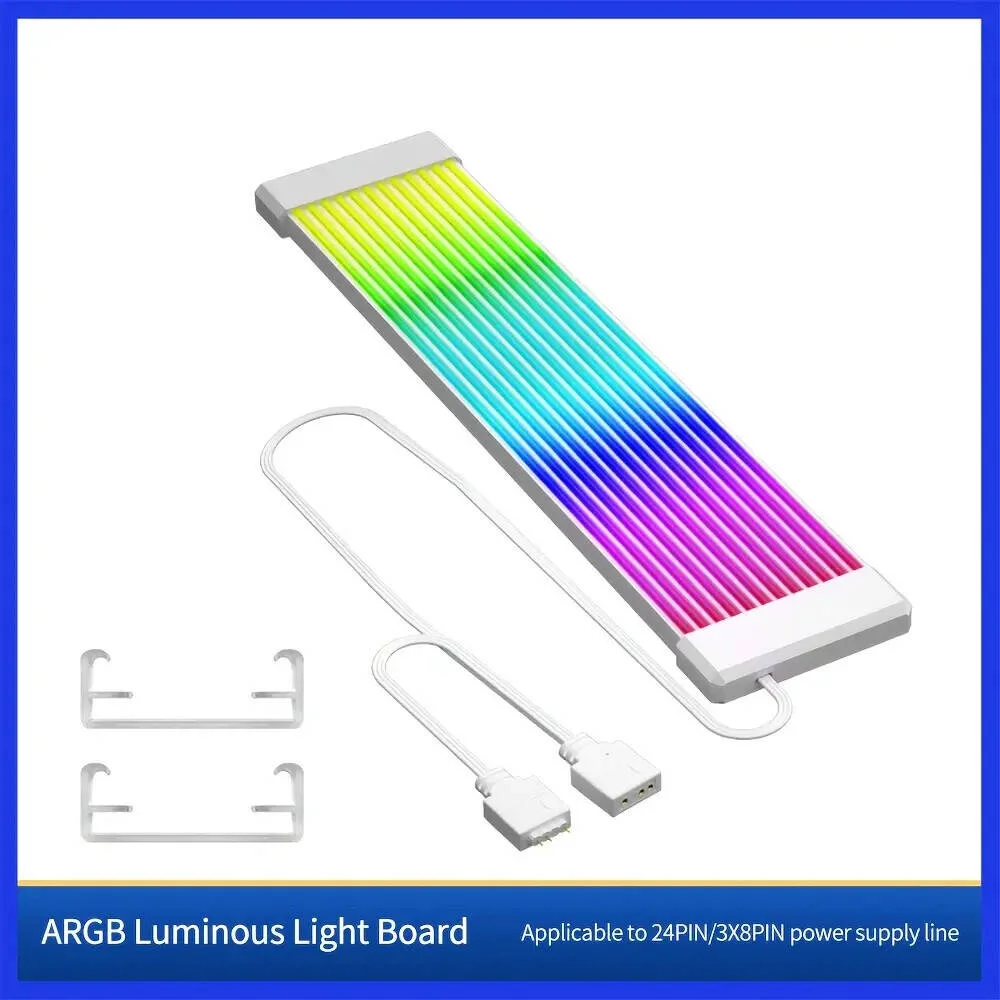 نوار تزئینی نئون خطی نور کامپیوتر، کارت گرافیک مادربرد، نور الهی، سیم برق همگام، نئون رنگین کمانی ARGB، برای 24 پین یا 3X8 پین، سفید