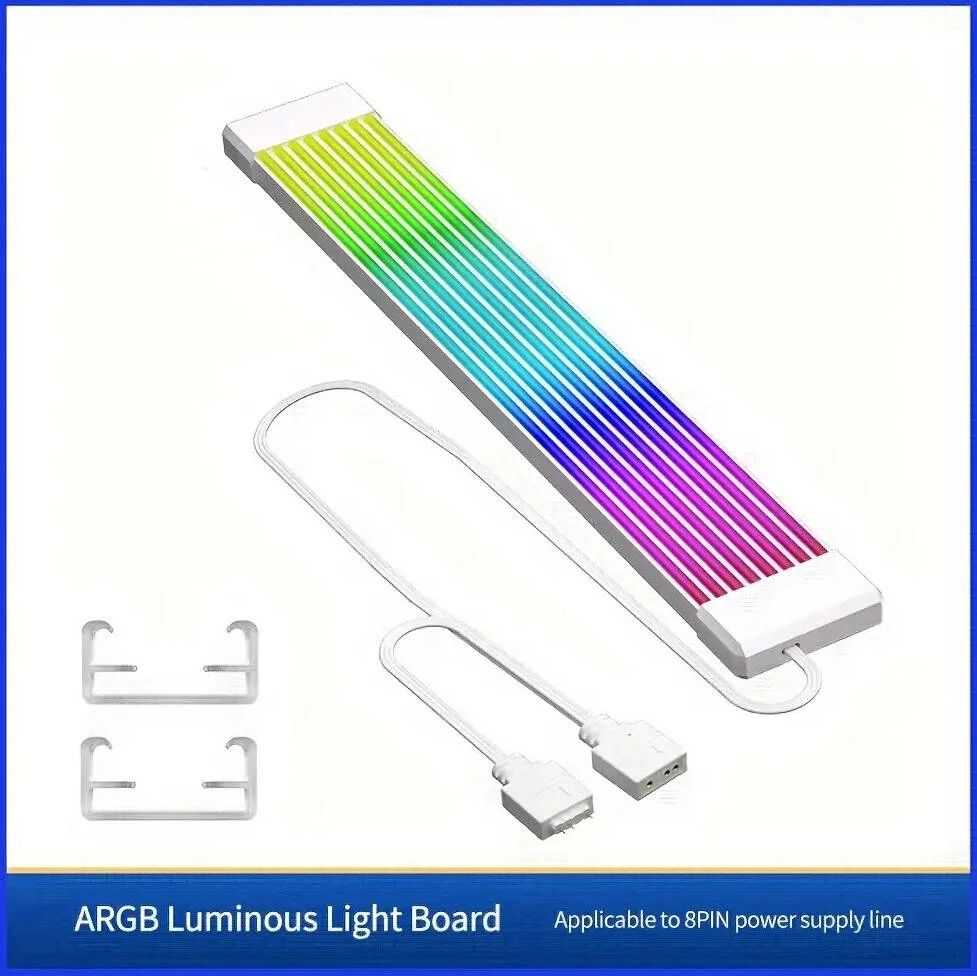نوار تزئینی نئون خطی نور کامپیوتر، کارت گرافیک مادربرد، نور همگام، سیم منبع تغذیه، نئون رنگین کمانی ARGB، برای 8 پین تکی/دوتایی، سفید