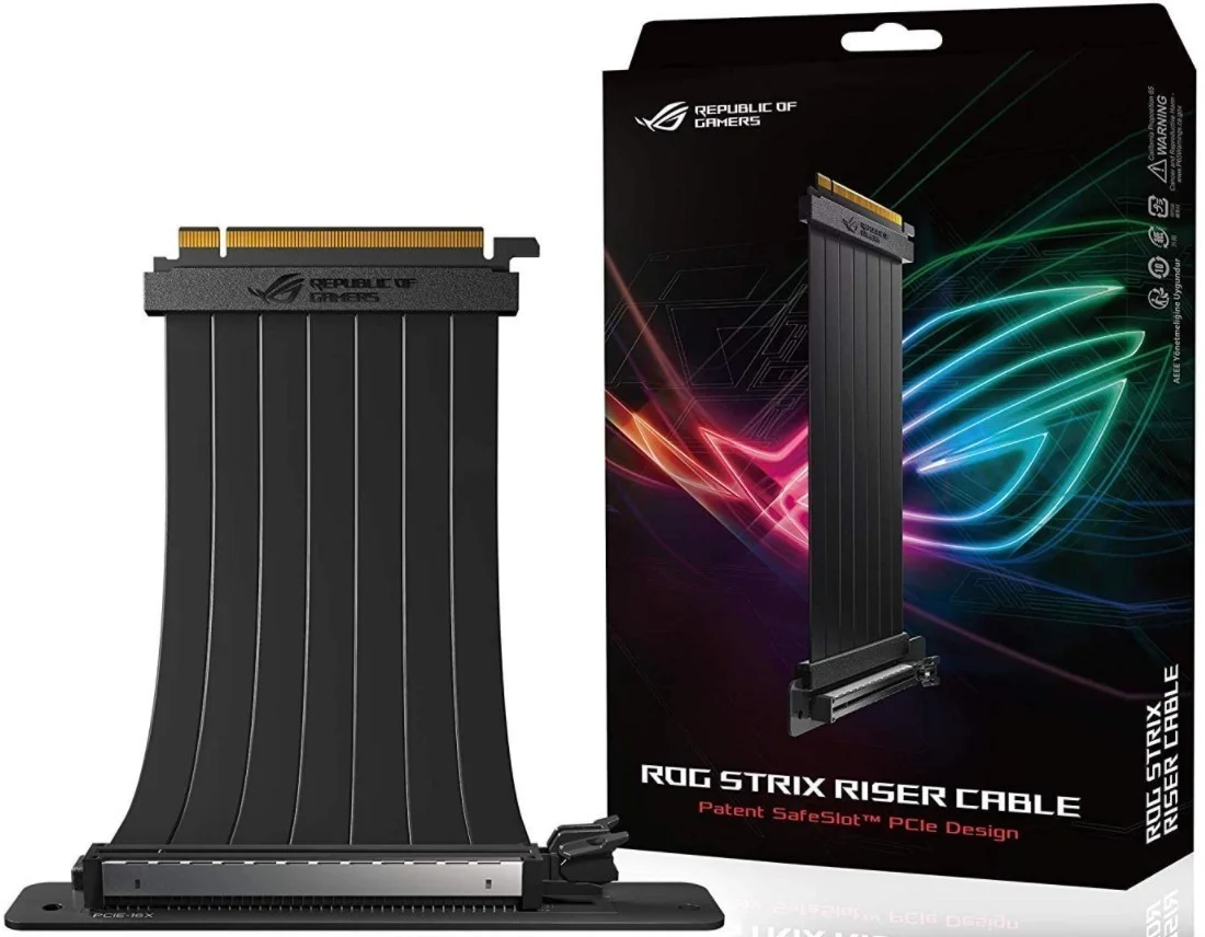 کابل افزایش طول رایزر ایسوس مدل RS200 ROG Strix، ابعاد 240x127x10 میلی‌متر، PCI-E 3.0 x16 به همراه آداپتور 90 درجه، طراحی PatentSlot، محافظ EMI - مشکی | 90DC0080-B09000