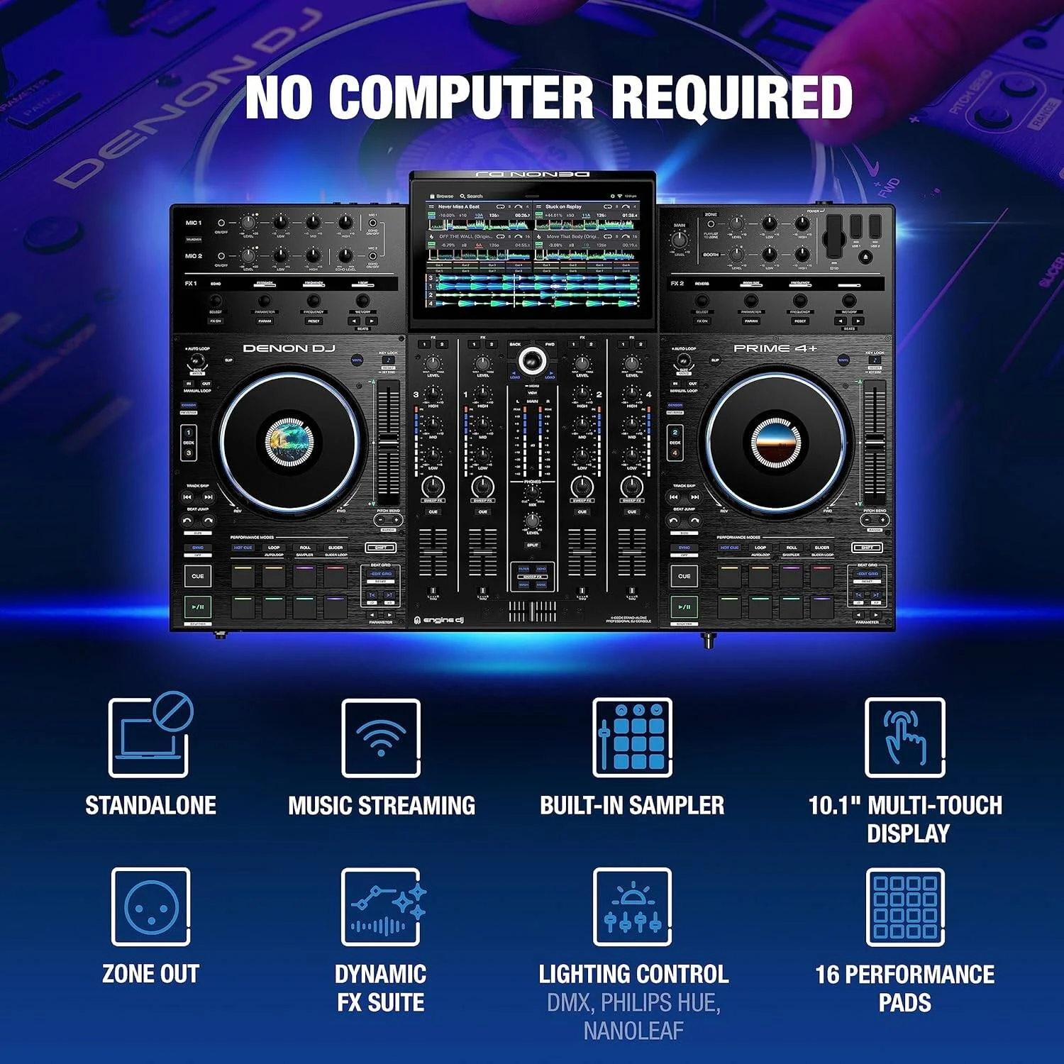 کنترلر دی‌جی مستقل Denon DJ Prime 4+، ۴-دک، نمایشگر لمسی چندگانه ۱۰.۱ اینچی HD، ۱ عدد جاگ ویل ۶ اینچی، ۱۶ عدد پد، ۲۶ افکت اصلی، ۱ عدد کمبو XLR-1/4 اینچی، وای‌فای داخلی، مشکی | Prime-4+