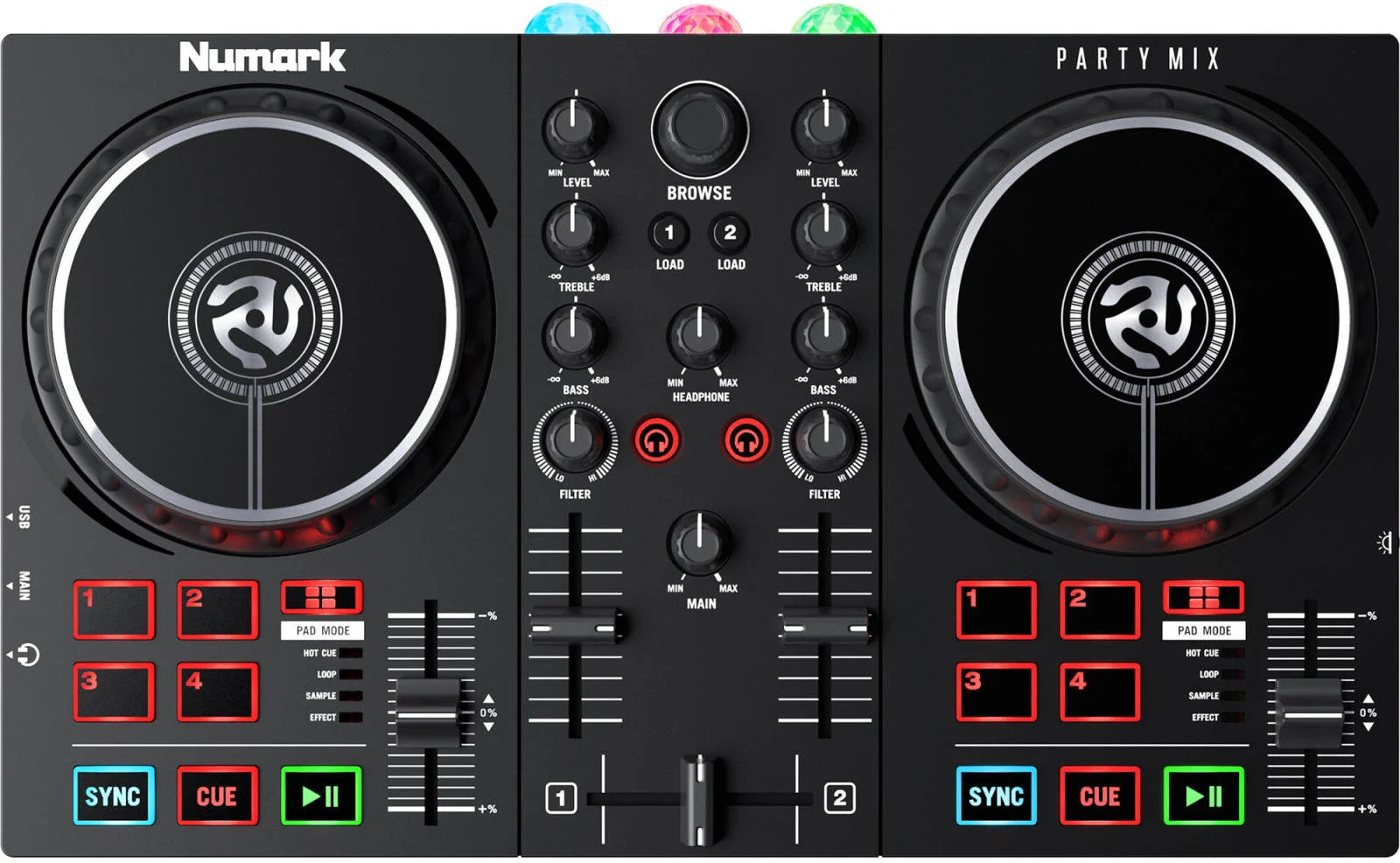 کنترلر دی‌جی دو کاناله نومارک Party Mix II Serato Lite با نمایش نور داخلی، رابط صوتی USB و چرخ‌های جاگ لمسی، مشکی | PARTYMIXII