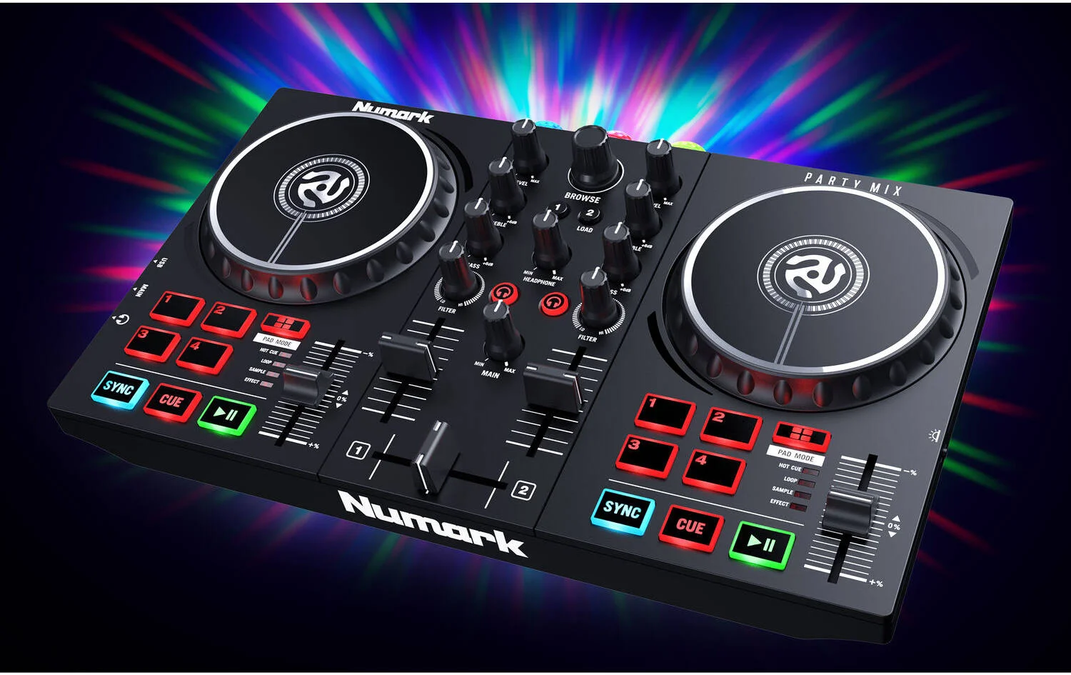 کنترلر دی‌جی دو کاناله نومارک Party Mix II Serato Lite با نمایش نور داخلی، رابط صوتی USB و چرخ‌های جاگ لمسی، مشکی | PARTYMIXII