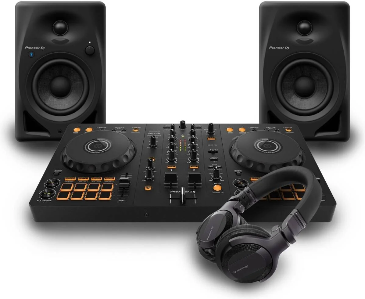 کیت ضروری DJ نسخه 2 - پایونیر DJ DDJ-FLX4 + پایونیر DJ DM-40D-BT + پایونیر DJ HDJ-CUE1 | بسته نرم‌افزاری DJ شامل DDJ-FLX4 / DM-40D-BT / HDJ-CUE1