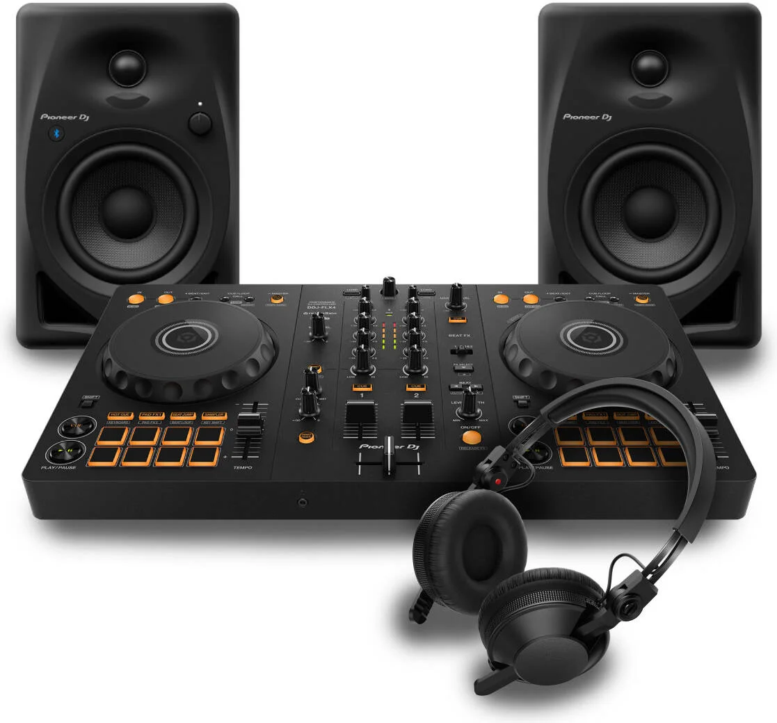 مجموعه لوازم ضروری دی‌جی - پایونیر DJ DDJ-FLX4 + پایونیر DJ DM-40D-BT + پایونیر DJ HDJ-CX | بسته دی‌جی DDJ-FLX4 / DJ DM-40D-BT / HDJ-CX
