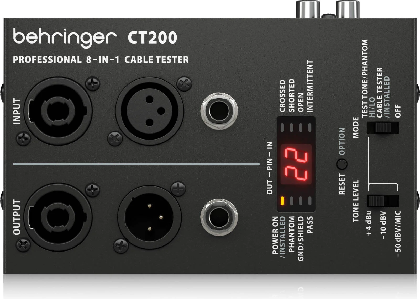 تستر کابل 8 در 1 با کنترل میکروپروسسوری بهرینگر مدل CT200، سازگار با انواع کانکتورهای استاندارد XLR، اسپیکون، TRS (1/4 اینچ، 1/8 اینچ)، RCA، RJ45، MIDI و USB | CT200