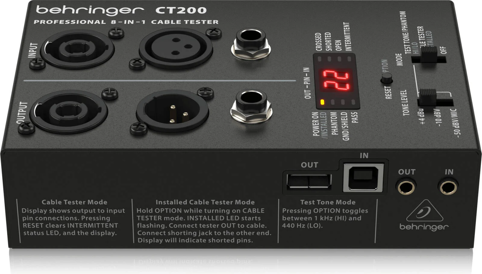 تستر کابل 8 در 1 با کنترل میکروپروسسوری بهرینگر مدل CT200، سازگار با انواع کانکتورهای استاندارد XLR، اسپیکون، TRS (1/4 اینچ، 1/8 اینچ)، RCA، RJ45، MIDI و USB | CT200