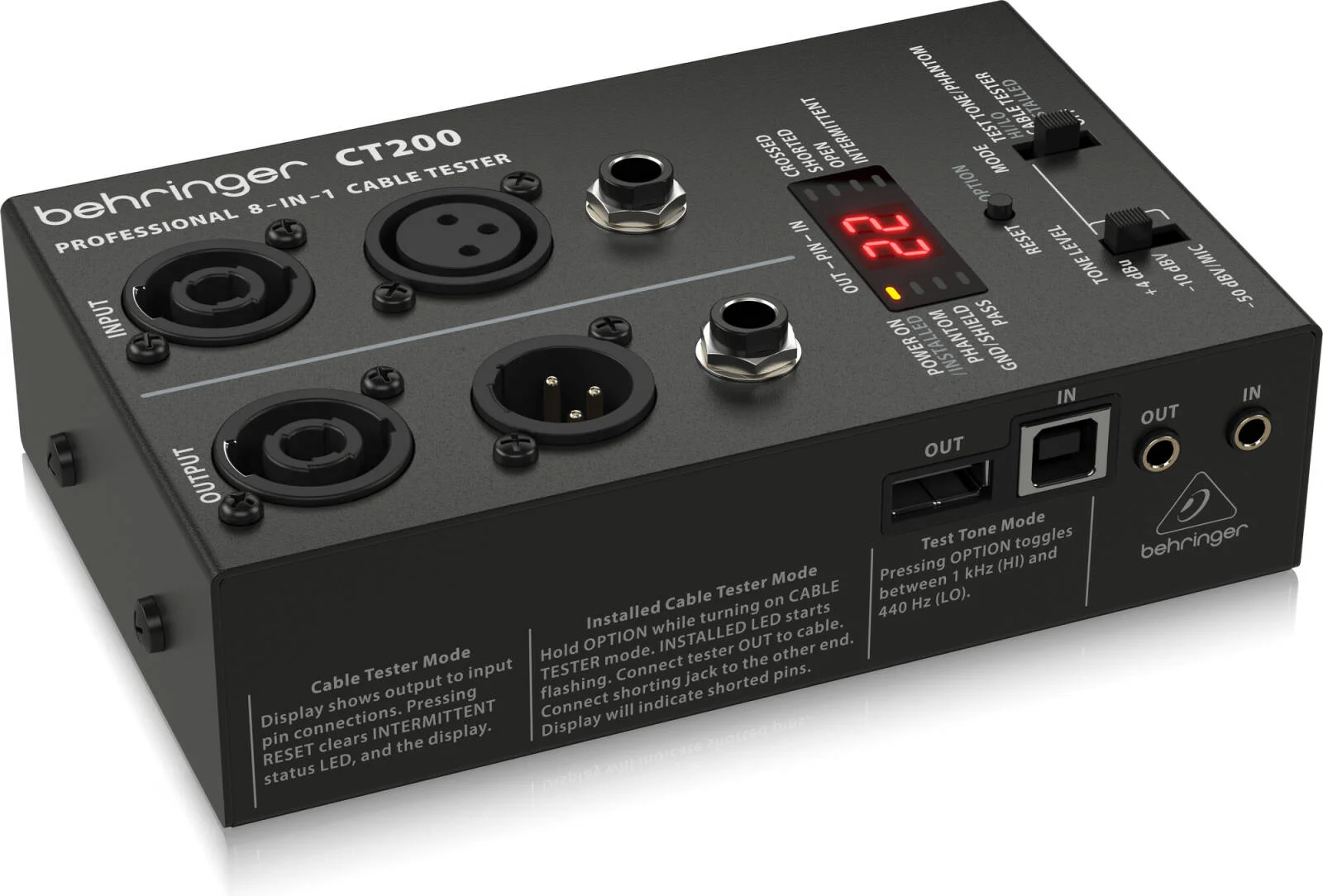 تستر کابل 8 در 1 با کنترل میکروپروسسوری بهرینگر مدل CT200، سازگار با انواع کانکتورهای استاندارد XLR، اسپیکون، TRS (1/4 اینچ، 1/8 اینچ)، RCA، RJ45، MIDI و USB | CT200