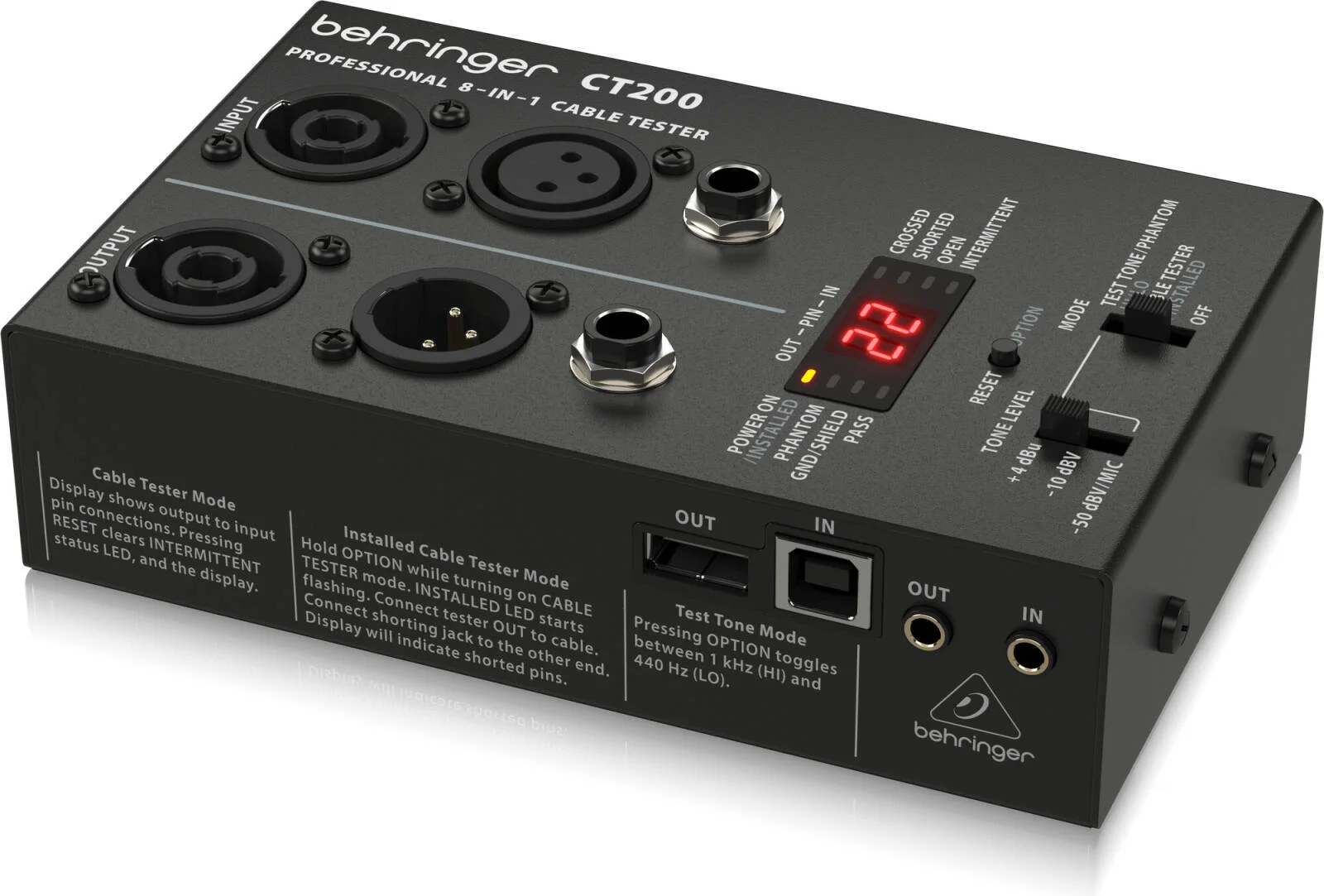 تستر کابل 8 در 1 با کنترل میکروپروسسوری بهرینگر مدل CT200، سازگار با انواع کانکتورهای استاندارد XLR، اسپیکون، TRS (1/4 اینچ، 1/8 اینچ)، RCA، RJ45، MIDI و USB | CT200