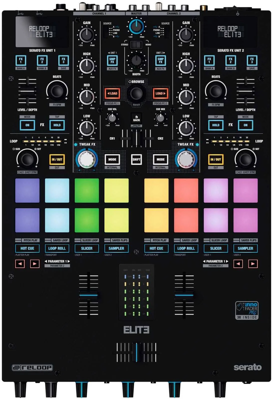 میکسر دی‌وی‌اس حرفه‌ای Reloop Elite برای Serato، میکسر 2 کاناله با 3 اینوفیدر، اکولایزر 3 باندی با Kill، 16 پد RGB حساس به ضربه، کارت صدای USB 2.0 با 10 ورودی/10 خروجی، مشکی | AMS-ELITE