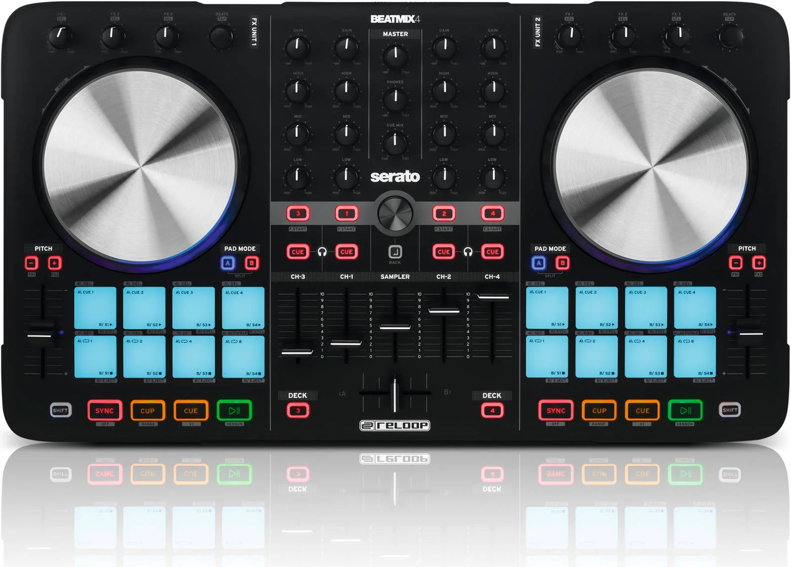 کنترلر پد عملکرد 4 کاناله Reloop Beatmix 4 MK2، کنترل 4 دک، 16 پد درام چند رنگی، واحدهای FX دوگانه iZotope، اکولایزر 3 باندی و Gain / CH، چرخ های Jog حساس به لمس، مشکی | BEATMIX-4-MK2