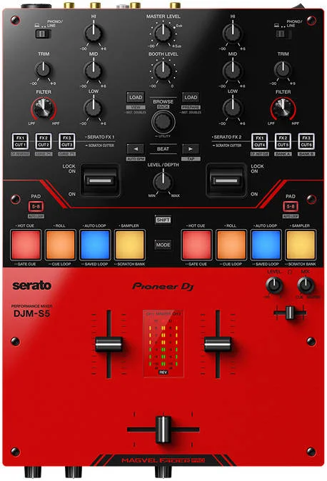 میکسر دی‌جی ۲ کاناله پایونیر DJM-S5 برای Serato DJ Pro، فیدر MAGVEL PRO، Lever FX، Scratch Cutter و تغذیه از طریق USB، قرمز | DJM-S5