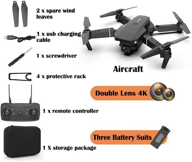 مینی پهپاد ZCM HAPPY E88E525 با دوربین دوگانه 4K HD، وای فای FPV، کوادکوپتر کنترل از راه دور تاشو، مشکی