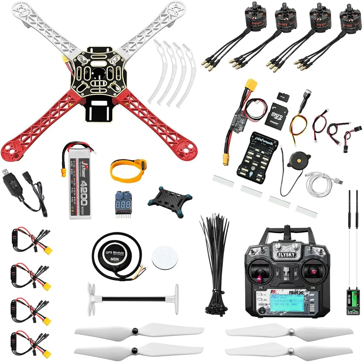کیت ساخت کوادکوپتر HAWK'S WORK F450، مجموعه DIY، شامل بدنه + Pixhawk + GPS + ماژول برق + ESC + موتور براشلس + ملخ + باتری + فرستنده و گیرنده RC + لوازم جانبی + دفترچه راهنما و ویدیو (A)