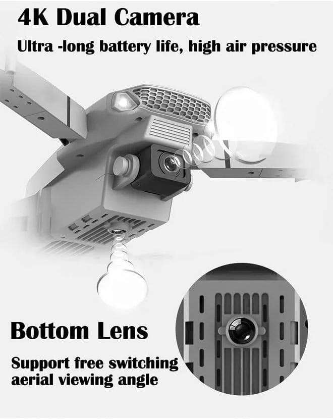 مینی پهپاد ZCM HAPPY E88E525 با دوربین دوگانه 4K HD، وای فای FPV، کوادکوپتر کنترل از راه دور تاشو، مشکی
