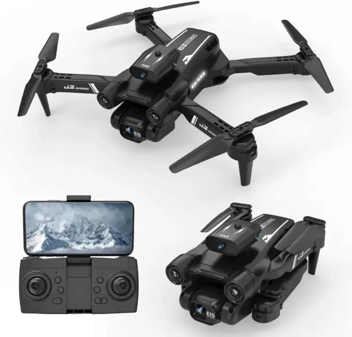 مینی پهپاد 3 دوربینه، 4K HD برای بزرگسالان، کنترل تلفن از طریق وای فای، انتقال FPV تا 3 کیلومتر، ضد لرزش، اجتناب از موانع، کوادکوپتر گیمبال 3 محوره با EIS و موتور براشلس با باتری های قدرتمند