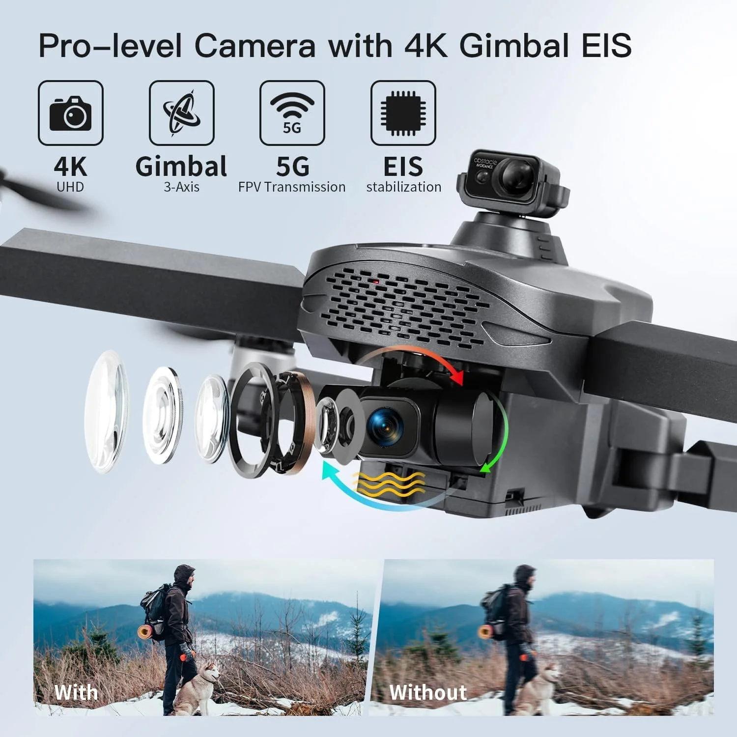 پهپاد با کیفیت 4K و 3 دوربین HD، انتقال FPV تا 3 کیلومتر، کوادکوپتر گیمبال 3 محوره با لرزشگیر EIS، اجتناب از موانع، موتور براشلس با 2 باتری، کنترل از طریق تلفن همراه با وای فای (ALIM)