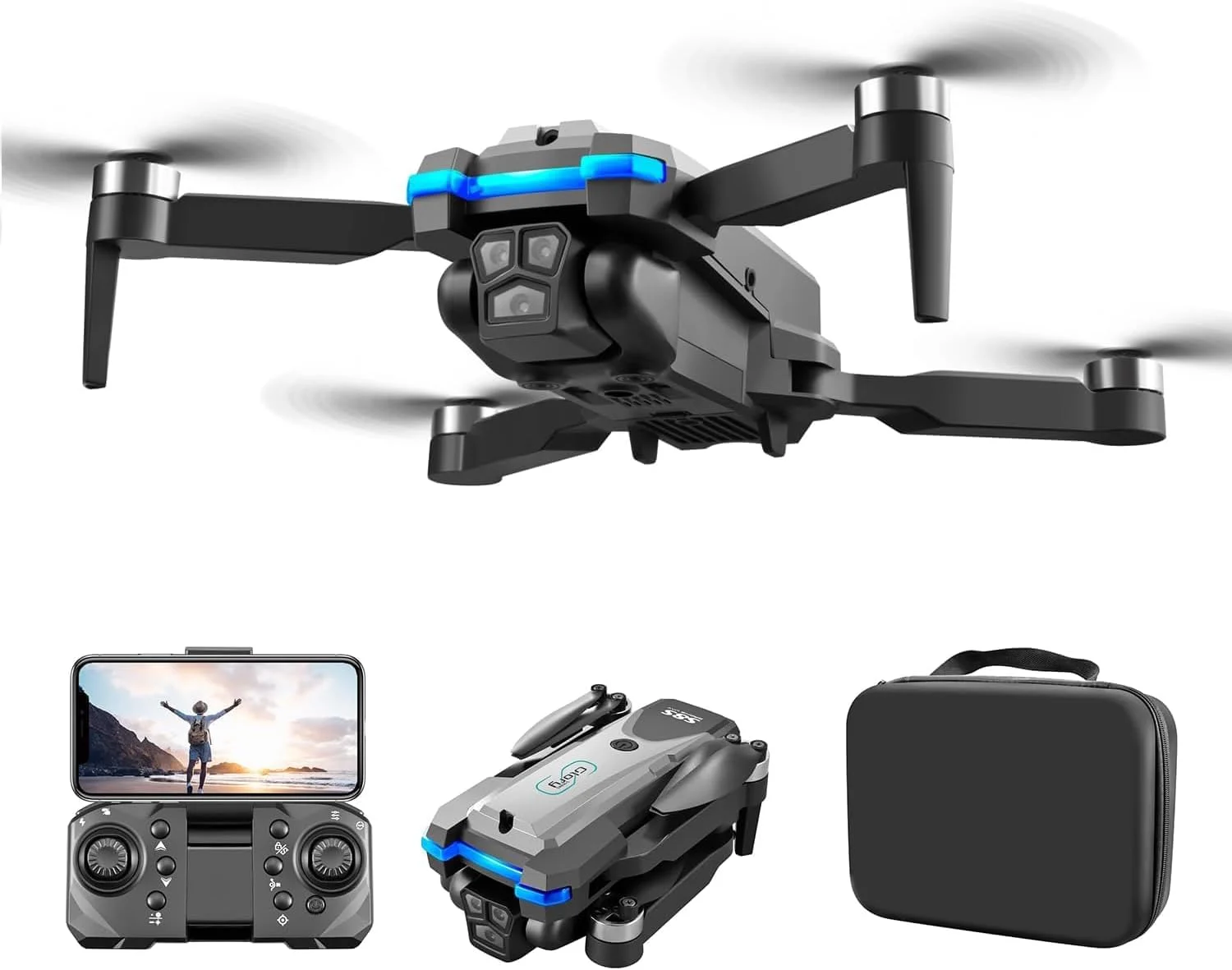 پهپاد S8S 2.4G WIFI FPV با دوربین سه لنز 4K HD، تاشو، بدون برس، کوادکوپتر RC مدل RTF