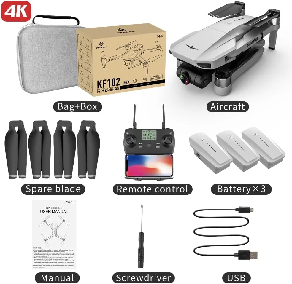 پهپاد KF102 GPS با دوربین 4K HD، گیمبال 2 محوره، برد 1200 متری، 50 دقیقه زمان پرواز (شامل 3 باتری) بازگشت با یک دکمه