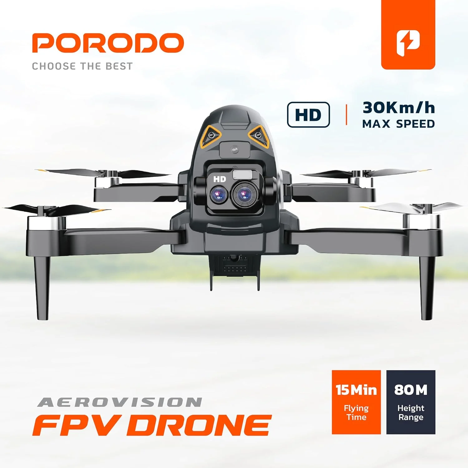 پهپاد FPV آیروویژن Porodo، پهپاد با دوربین HD، حداکثر سرعت 30 کیلومتر در ساعت، حداکثر زمان پرواز 15 دقیقه، محدوده ارتفاع 80 متر، موقعیت یابی جریان نوری، اجتناب از موانع 360 درجه، همه کاره و جمع و جور