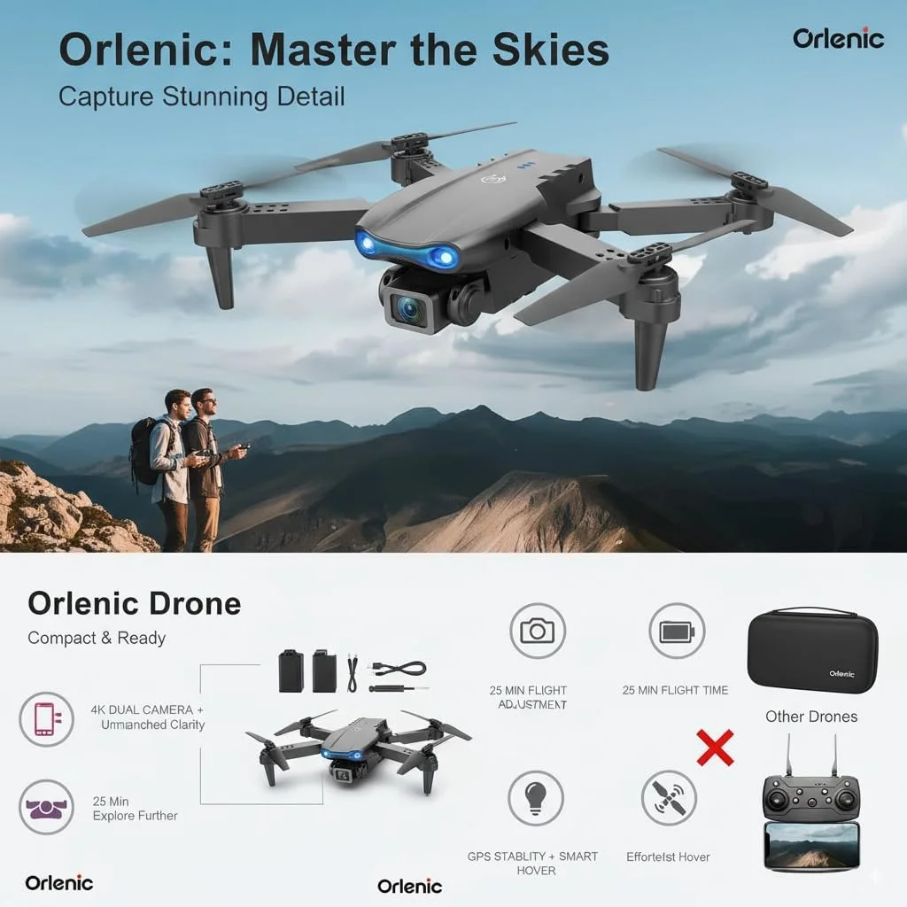 پهپاد تاشو با دوربین‌های دوگانه 4K HD، موقعیت‌یابی GPS، کنترل از راه دور برد بلند، انتقال زنده WiFi FPV، کوادکوپتر RC قابل حمل با کیف حمل و باتری‌های اضافی