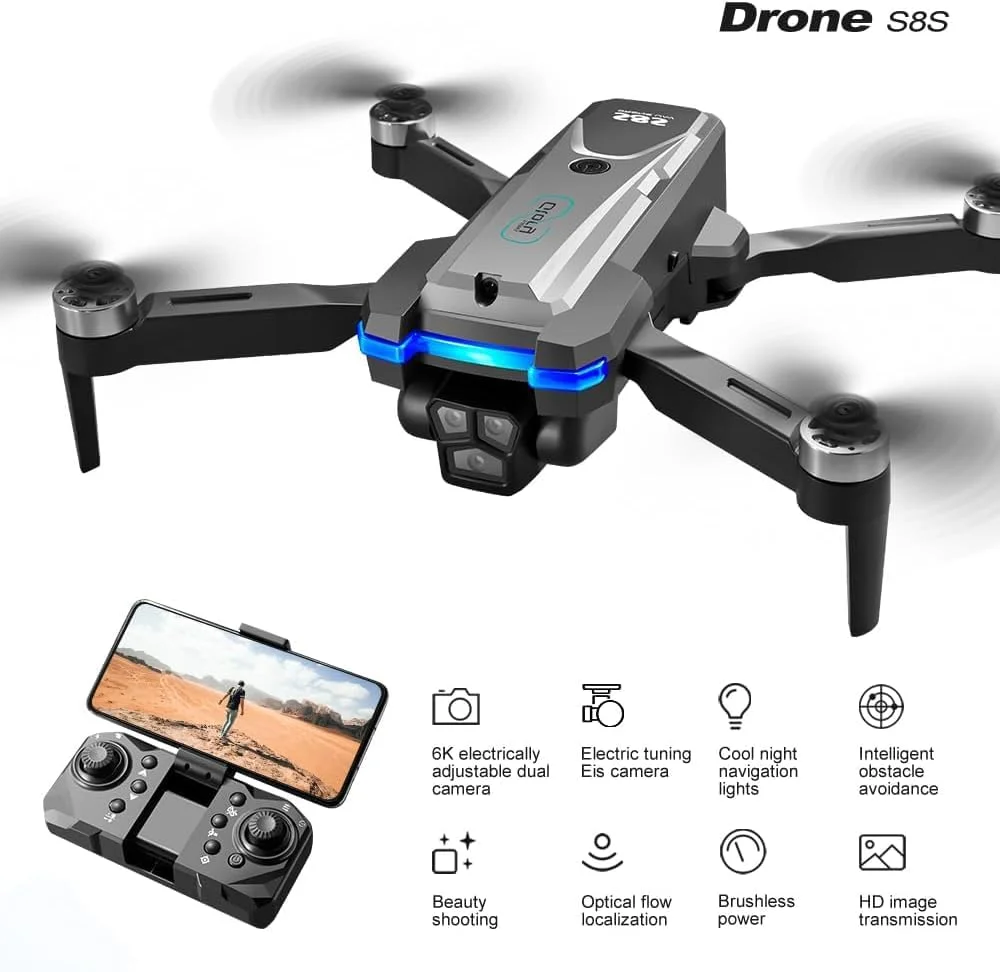 پهپاد S8S 2.4G WIFI FPV با دوربین سه لنز 4K HD، تاشو، بدون برس، کوادکوپتر RC مدل RTF
