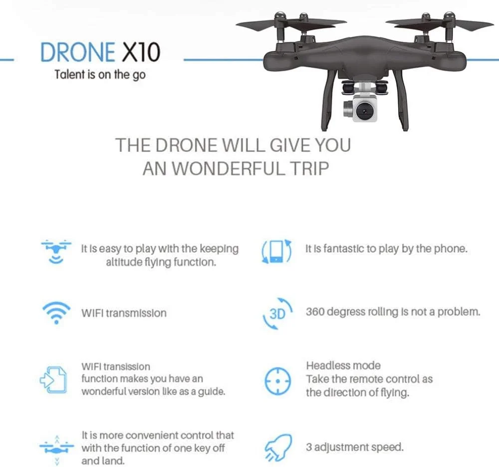 کوادکوپتر دوربین دار HXXXN X10 2.4Ghz WIFI FPV حالت بدون سر بازگشت با یک کلید حفظ ارتفاع هواپیمای کنترل از راه دور اسباب بازی