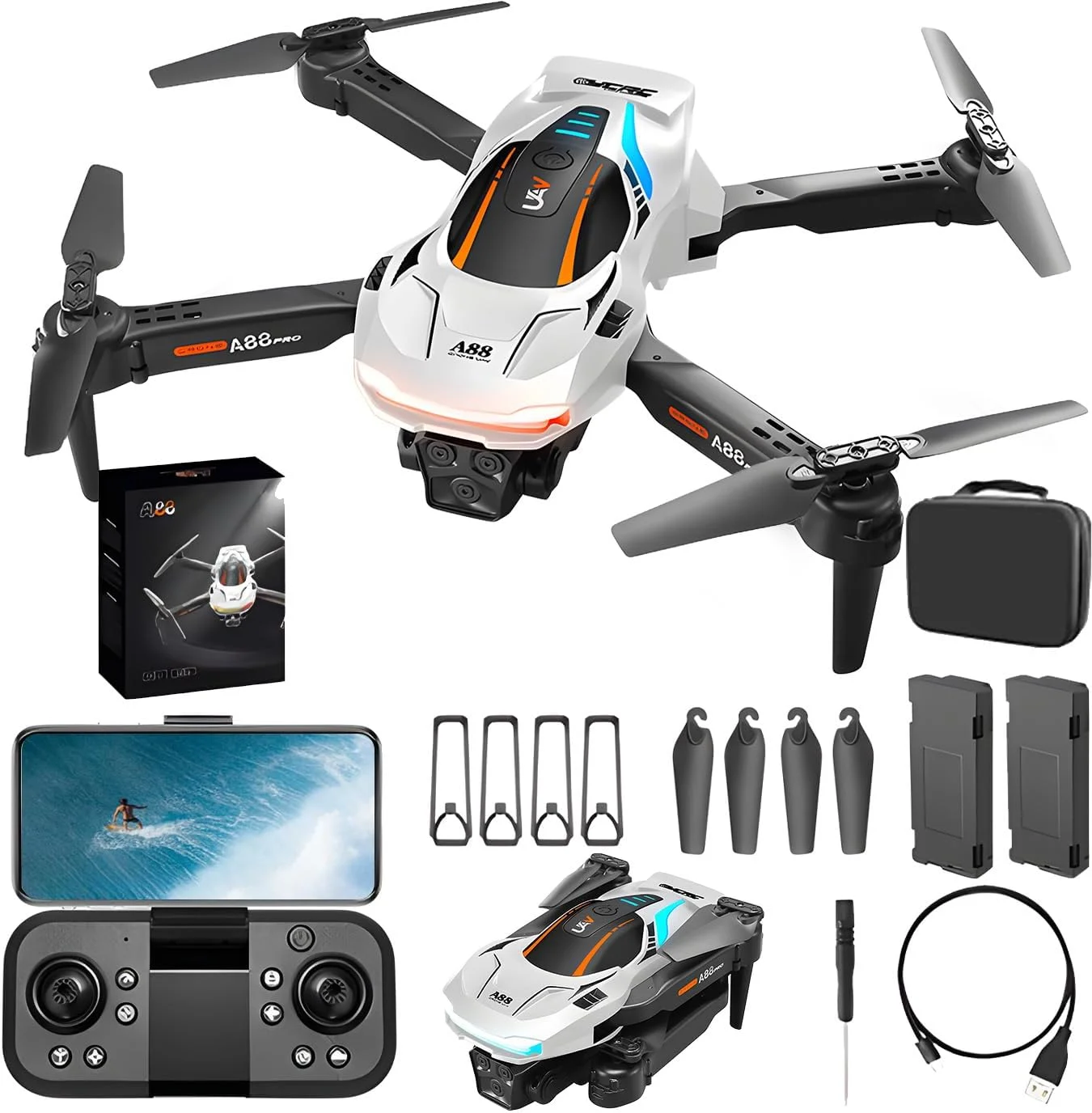 پهپاد با دوربین برای کودکان و بزرگسالان، عکسبرداری هوایی 4K، اجتناب هوشمندانه از موانع FPV، چرخش 3D، حفظ ارتفاع، بلند شدن/فرود با یک کلید، 2 باتری، هدیه برای پسران (سفید)