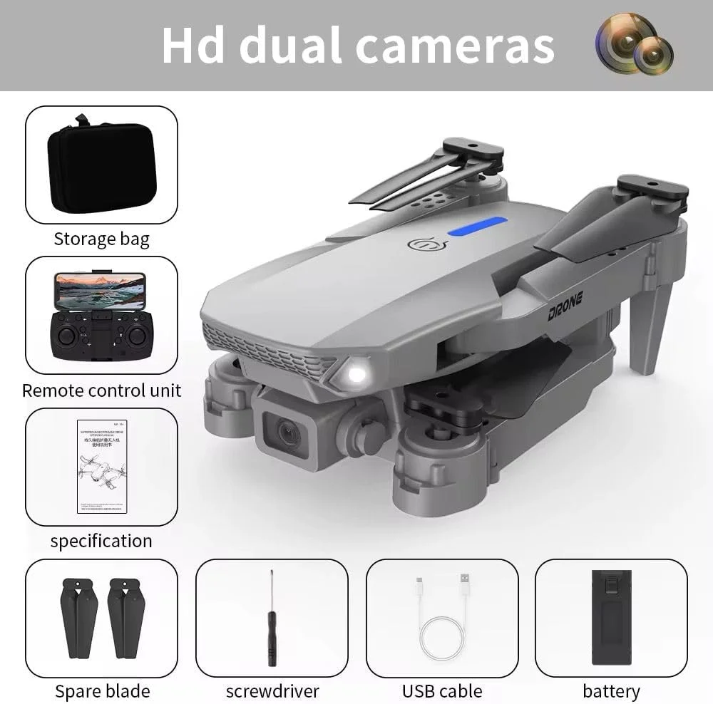 پهپاد تاشو E88 PRO با دوربین دوگانه 4K HD، قابلیت اجتناب از موانع، حفظ ارتفاع، کنترل از راه دور و کیف حمل. چند رنگ
