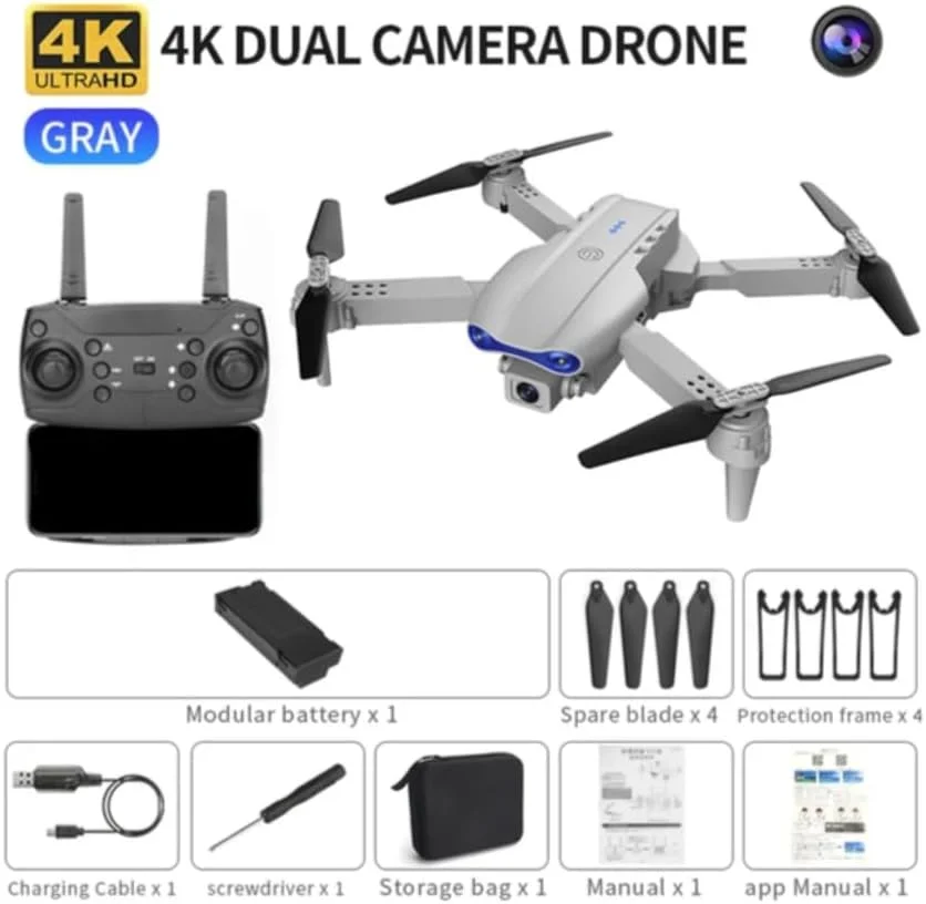 پهپاد BA1NE E99 با دوربین دوگانه 4K UHD تاشو FPV، دارای کنترل از راه دور، چرخش سه بعدی، حفظ ارتفاع، کنترل با اشاره، تیک آف و لندینگ با یک کلید، کنترل با اپلیکیشن، به همراه کیف حمل، مینی پهپاد RC، خاکستری مینی