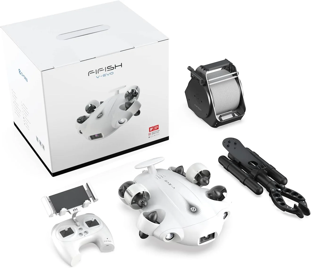 پهپاد زیرآبی دوربین 4K مدل FIFISH V-EVO، قفل دید هوش مصنوعی، حرکت 360 درجه همه جهته، ربات ROV با کنترل واقعیت مجازی، قفل وضعیت (استاندارد + بسته بازوی رباتیک)