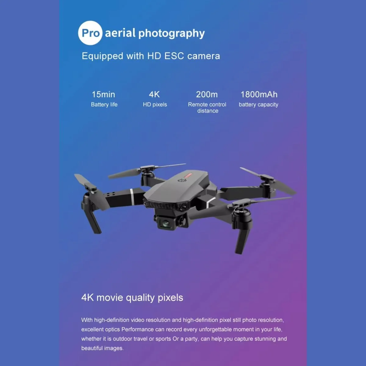 پهپاد DIGI CORE E88 Pro با دوربین دوگانه 4K UHD، FPV، تاشو، کنترل از راه دور، چرخش سه بعدی، حفظ ارتفاع، کنترل با اشاره، تیک آف/لندینگ با یک کلید، کنترل برنامه با کیف حمل، مینی پهپاد RC