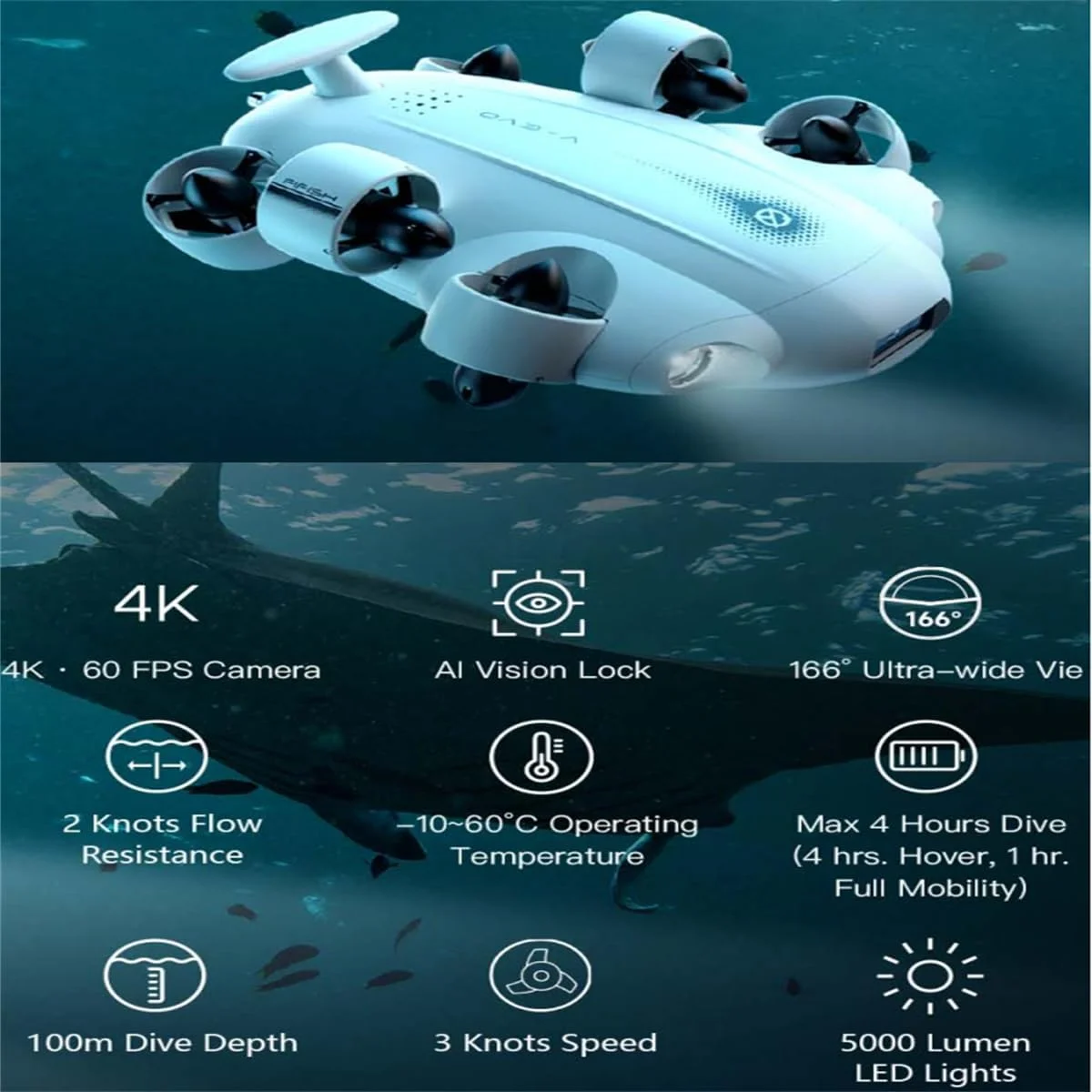 پهپاد زیرآبی دوربین 4K مدل FIFISH V-EVO، قفل دید هوش مصنوعی، حرکت 360 درجه همه جهته، ربات ROV با کنترل واقعیت مجازی، قفل وضعیت (استاندارد + بسته بازوی رباتیک)