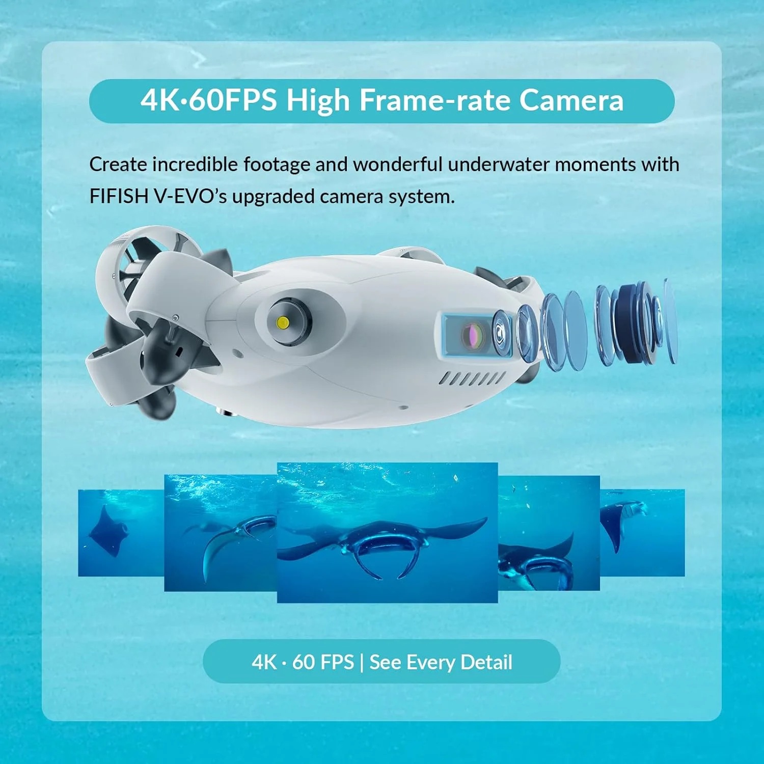 پهپاد زیرآبی دوربین 4K مدل FIFISH V-EVO، قفل دید هوش مصنوعی، حرکت 360 درجه همه جهته، ربات ROV با کنترل واقعیت مجازی، قفل وضعیت (استاندارد + بسته بازوی رباتیک)
