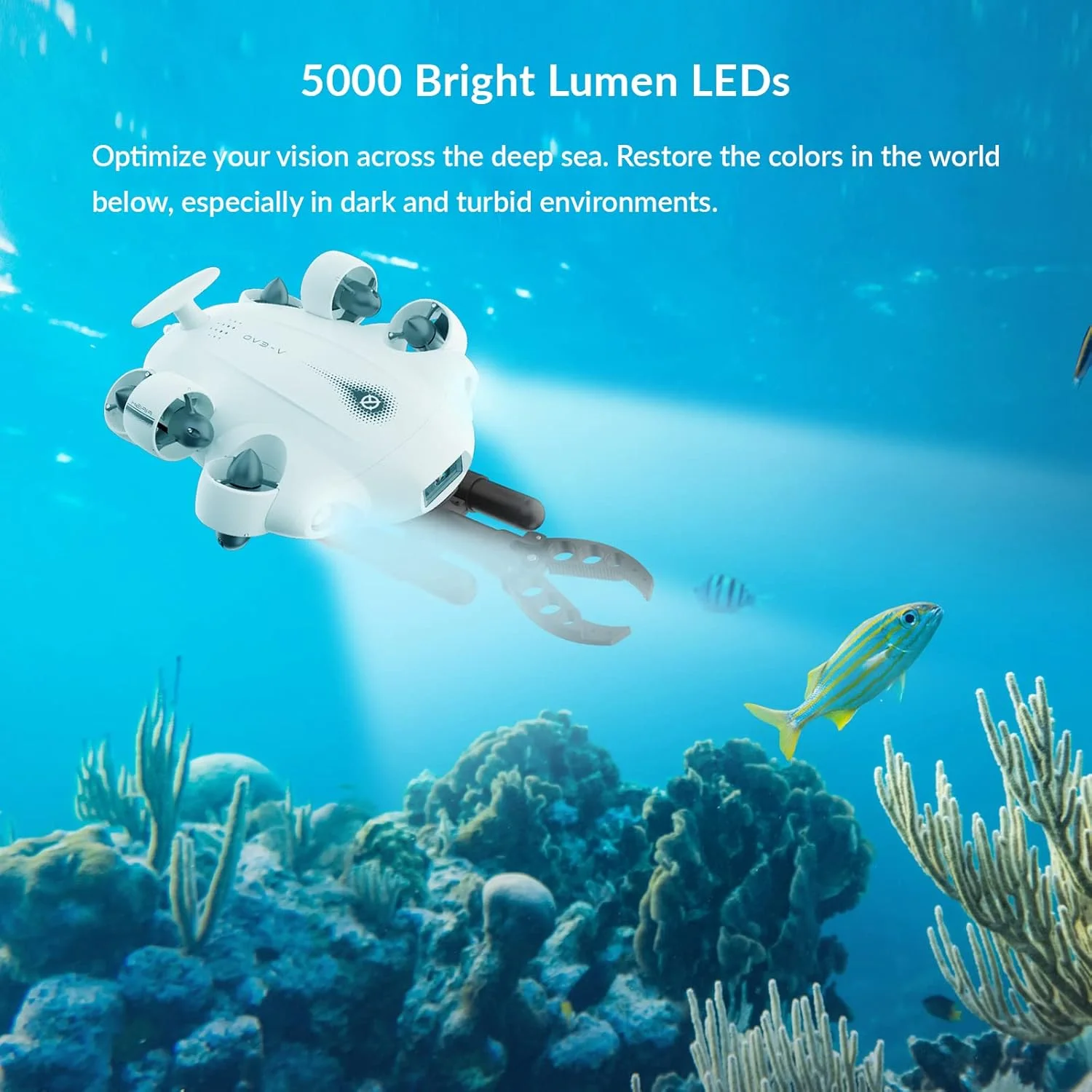 پهپاد زیرآبی دوربین 4K مدل FIFISH V-EVO، قفل دید هوش مصنوعی، حرکت 360 درجه همه جهته، ربات ROV با کنترل واقعیت مجازی، قفل وضعیت (استاندارد + بسته بازوی رباتیک)