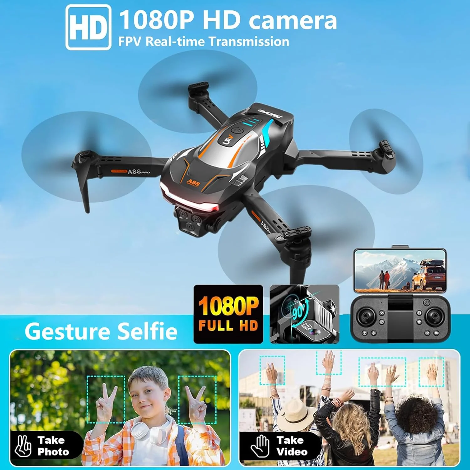 پهپاد دوربین دار مینی تاشو مناسب کودکان و بزرگسالان - دوربین 1080P FPV با قابلیت حفظ ارتفاع پایدار، سلفی با حرکات، پرواز نقطه ای، دنبال کردن خودکار، چرخش سه بعدی، شروع با یک کلید، 2 باتری، اسباب بازی و هدیه برای پسران