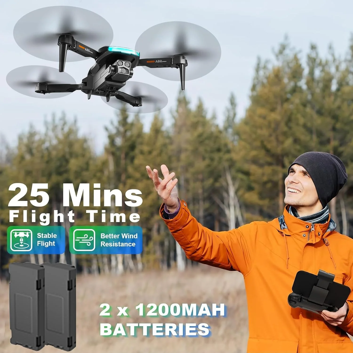 پهپاد دوربین دار مینی تاشو مناسب کودکان و بزرگسالان - دوربین 1080P FPV با قابلیت حفظ ارتفاع پایدار، سلفی با حرکات، پرواز نقطه ای، دنبال کردن خودکار، چرخش سه بعدی، شروع با یک کلید، 2 باتری، اسباب بازی و هدیه برای پسران