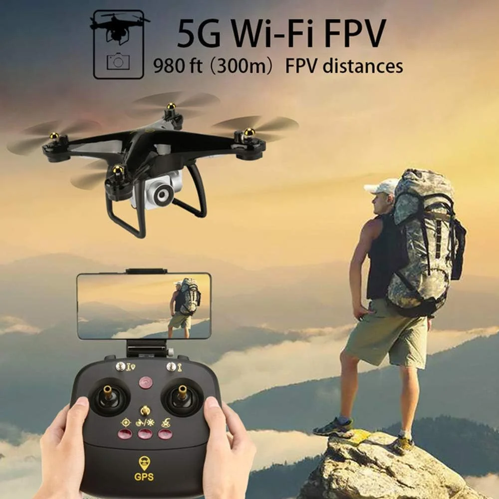 کوادکوپتر حرفه ای RC با موقعیت یابی GPS، ردیابی، وای فای 5G FPV 720P با قابلیت حفظ ارتفاع و 15 دقیقه زمان پرواز
