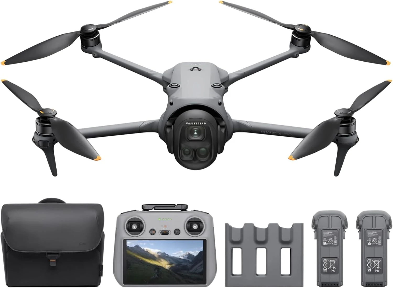 DJI Mavic 4 Pro Fly More Combo با DJI RC 2، پهپاد سه دوربینه، انتقال ویدیویی 30 کیلومتری، حداکثر زمان پرواز 51 دقیقه، هاب شارژ، دارای گواهی MOIAT، نسخه امارات
