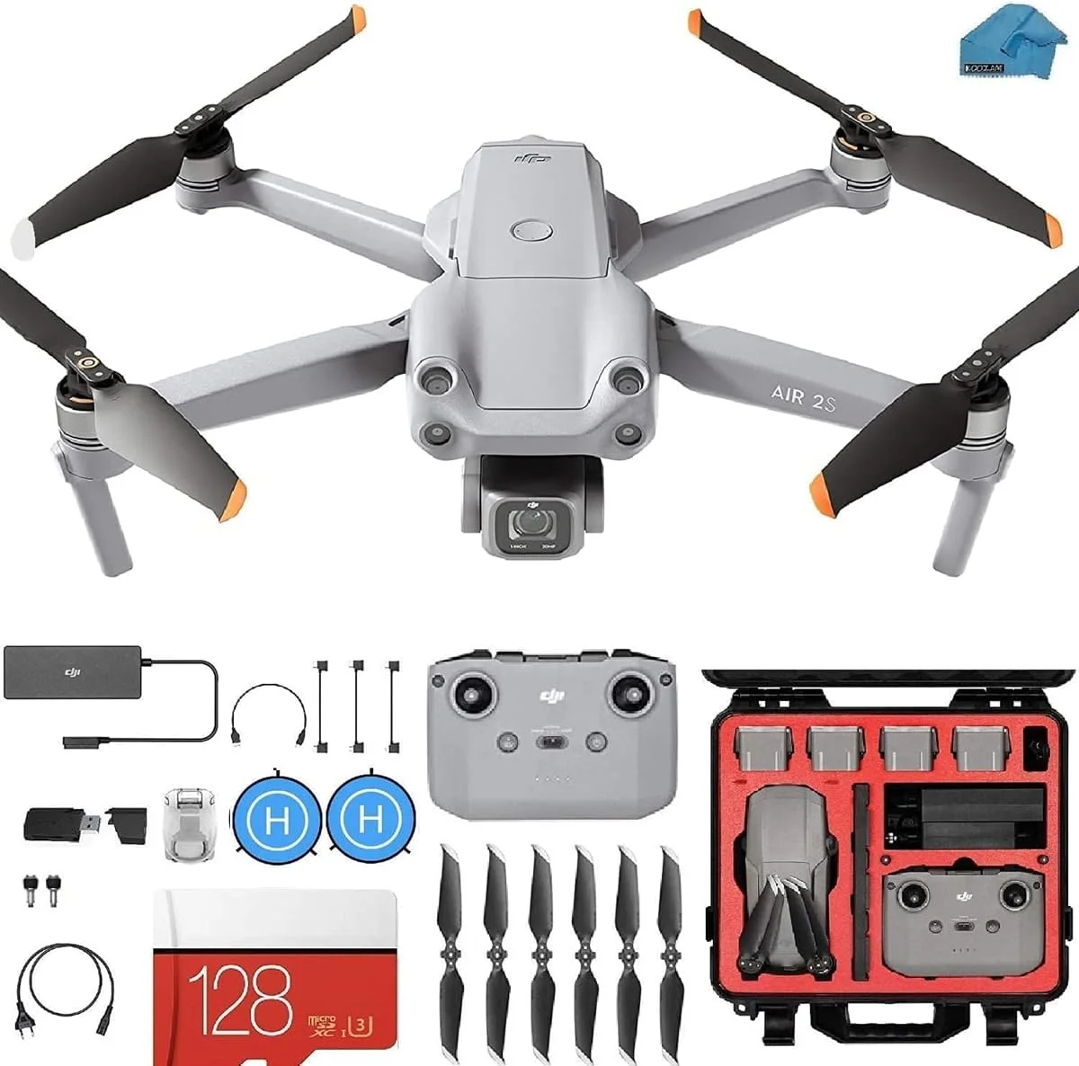 DJI Air 2s - کوادکوپتر پهپاد با دوربین گیمبال 3 محوره، ویدیوی 5.4K، هاردکیس، کارت SD 128 گیگابایتی، کیت پد فرود با لوازم جانبی ضروری