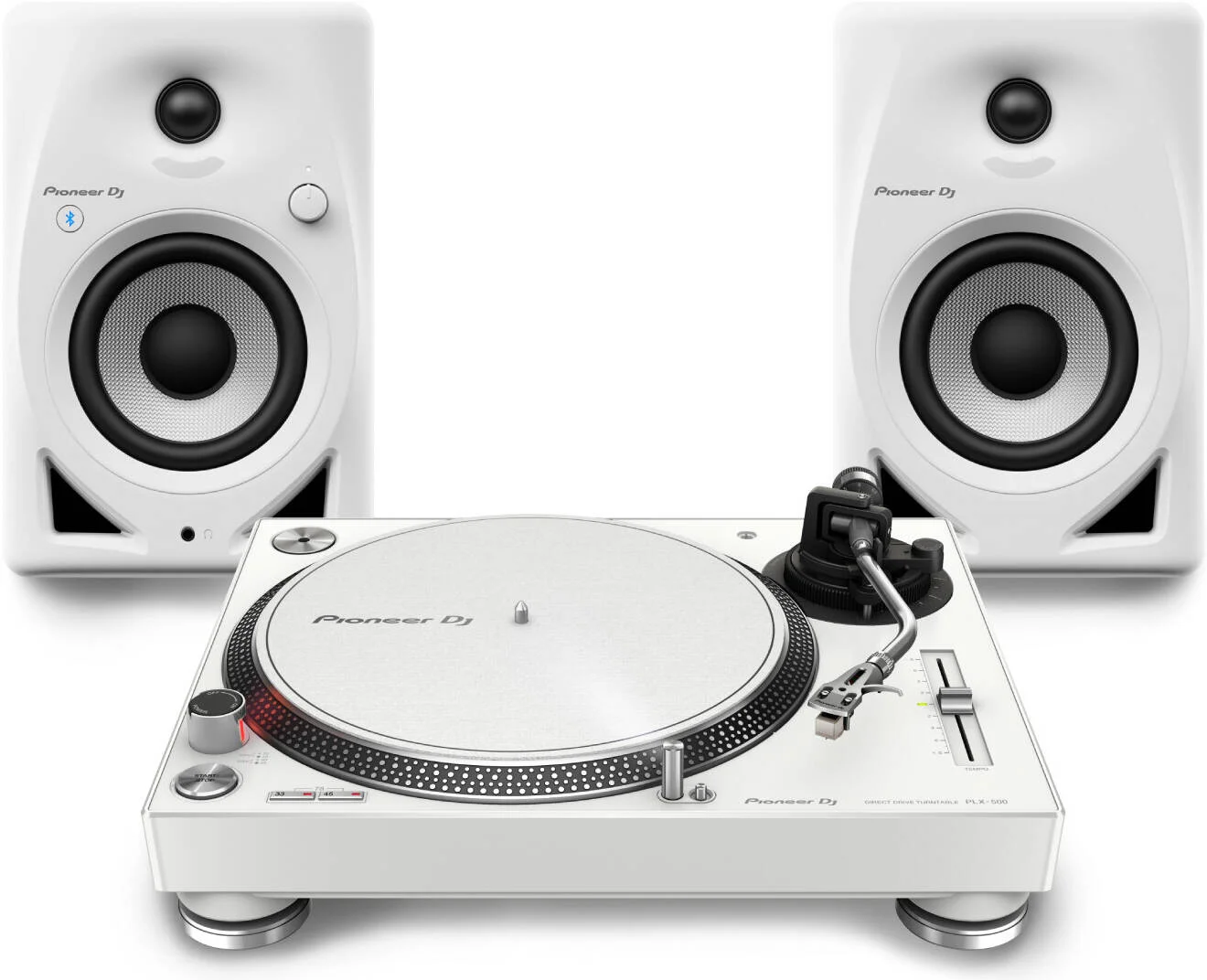 مجموعه شروع به کار صفحه گردان نسخه سفید - پخش کننده وینیل پایونیر DJ PLX 500 W + پایونیر DJ DM 40D BT W | بسته مجموعه شروع به کار صفحه گردان نسخه سفید