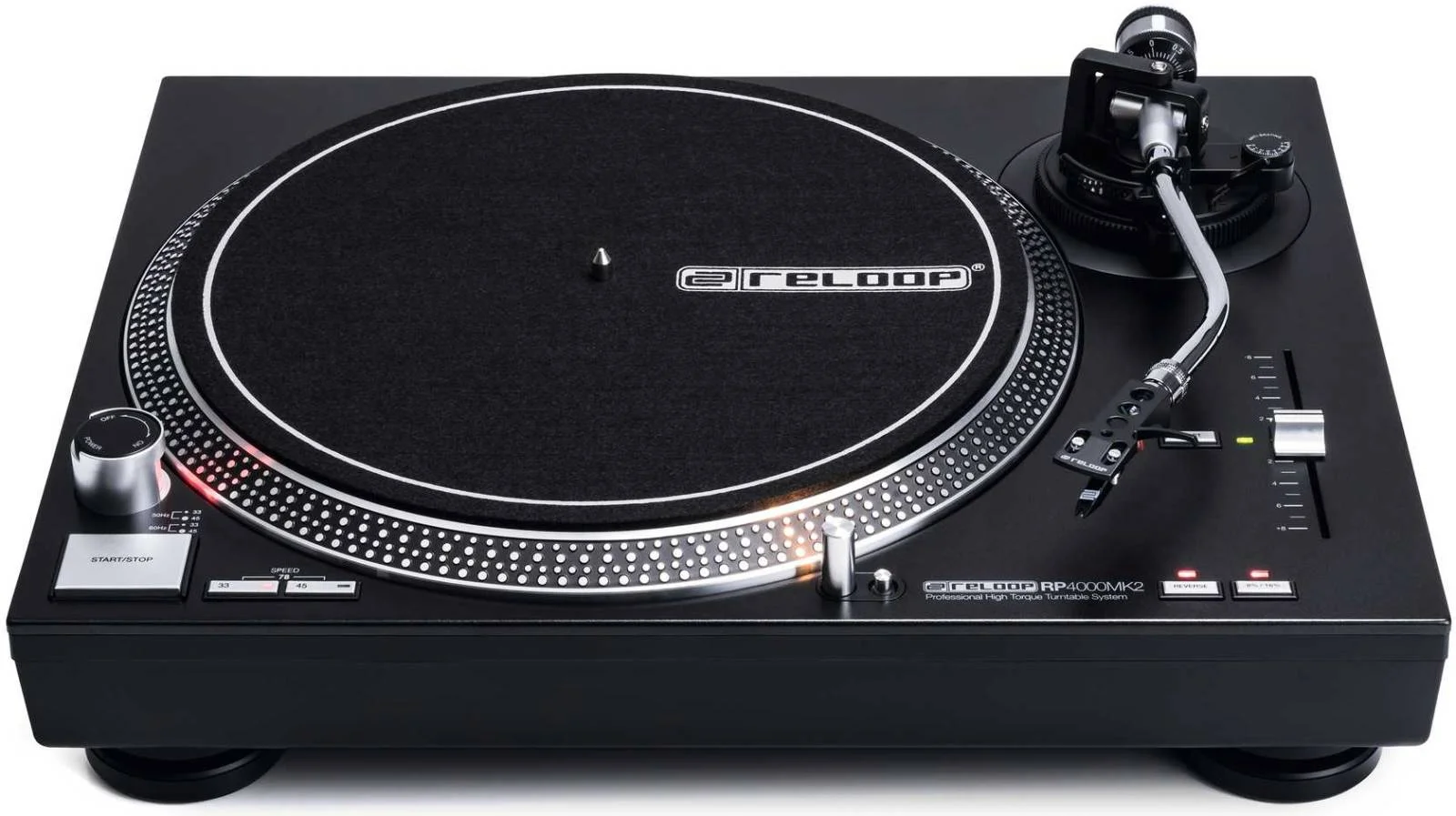 صفحه گردان دی‌جی Reloop RP-4000 MK2 با موتور کوارتز و درایو مستقیم با گشتاور بالا، بازوی S شکل با بالابر هیدرولیک، کارتریج OM Black، سرعت‌های 33-1/3، 45 و 78 دور در دقیقه، صفحه آلومینیومی. مشکی | RP-4000-MK2