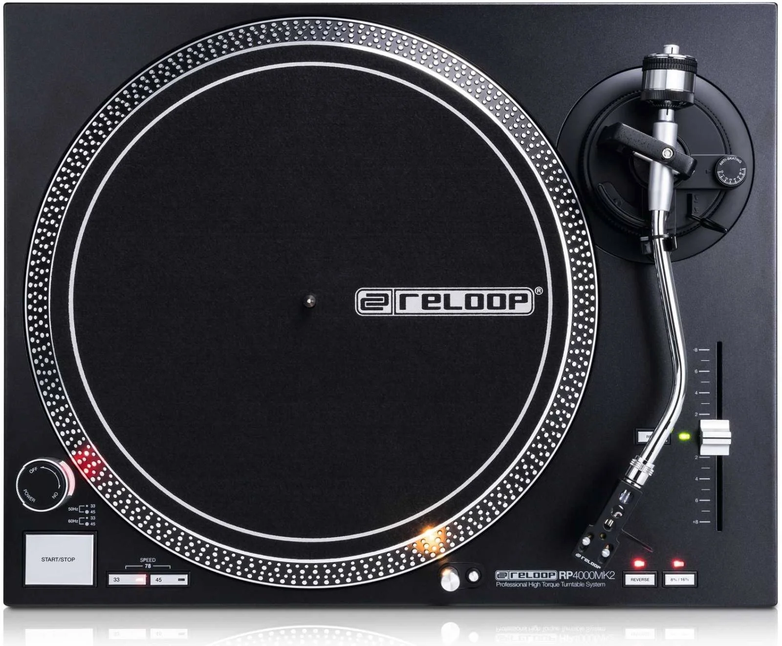 صفحه گردان دی‌جی Reloop RP-4000 MK2 با موتور کوارتز و درایو مستقیم با گشتاور بالا، بازوی S شکل با بالابر هیدرولیک، کارتریج OM Black، سرعت‌های 33-1/3، 45 و 78 دور در دقیقه، صفحه آلومینیومی. مشکی | RP-4000-MK2