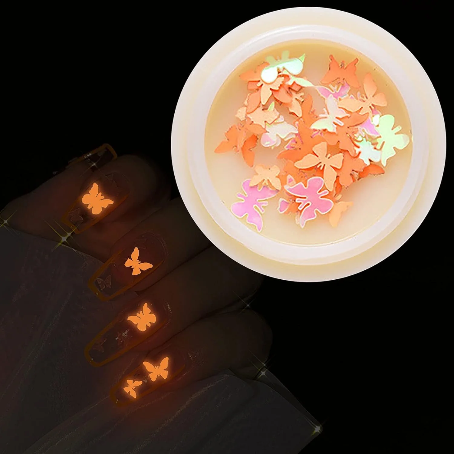 اکلیل هنری ناخن پروانه ای شب تاب - پولک های پروانه ای، پولک های اکریلیک، اکلیل درخشان هولوگرافیک برای تزئین ناخن (نارنجی)